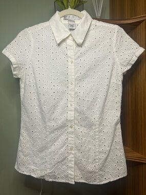 Geoffrey Beene Sport White Eyelet Embroidered Button Down Blouse, vintage, y2k